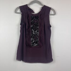 Vince Womens Top Sz 2 Purple Silk Beaded Detail Distressed Sleeveless Whimsygoth